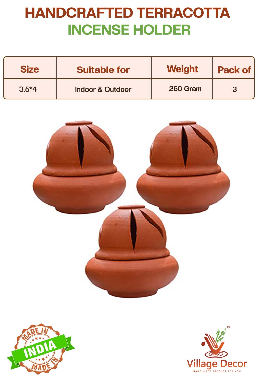 Handcrafted incense holders shown with product details including size, usage type, weight, and pack quantity for general use.