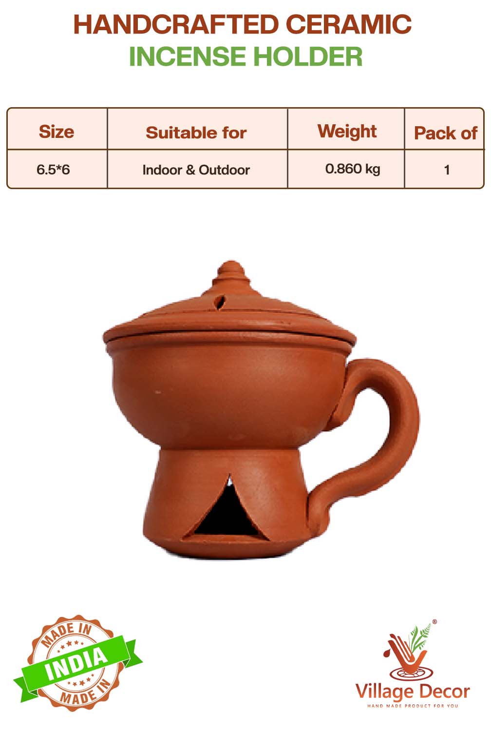 Handcrafted incense holders shown with product details including size, usage type, weight, and pack quantity for general use.