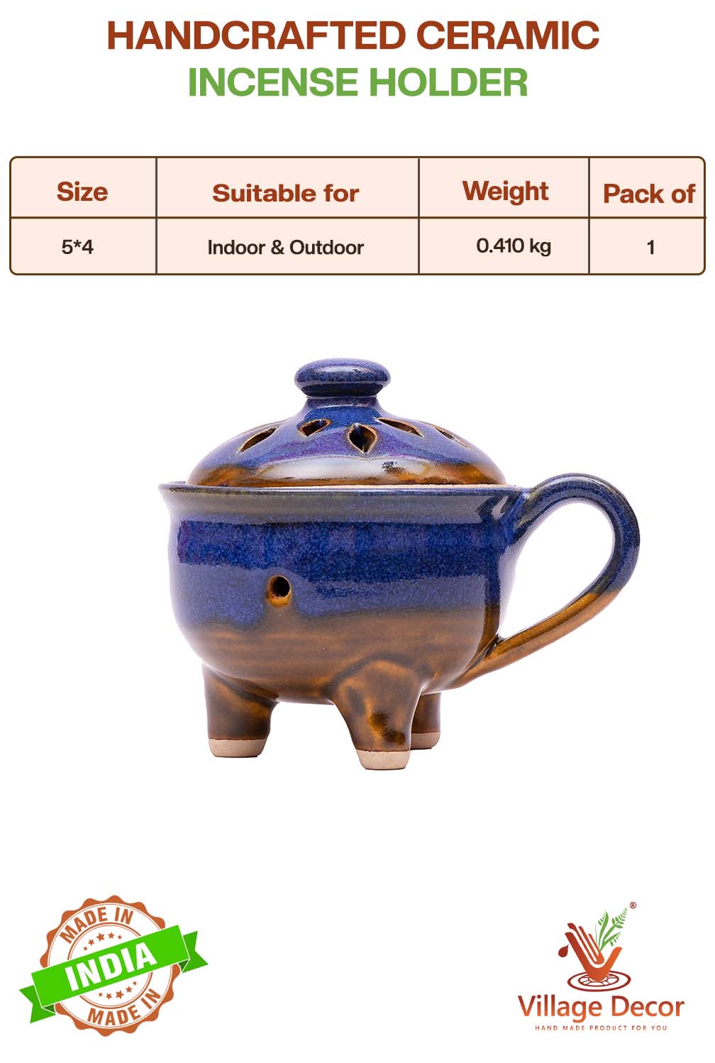 Handcrafted incense holders shown with product details including size, usage type, weight, and pack quantity for general use.