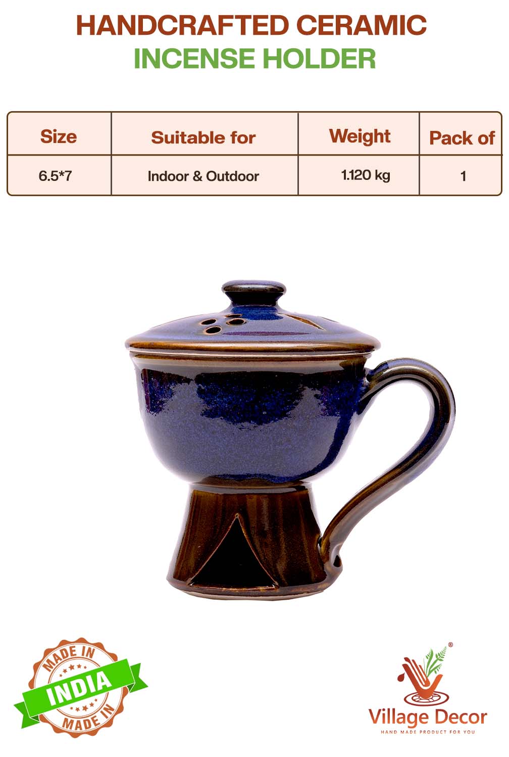 Handcrafted incense holders shown with product details including size, usage type, weight, and pack quantity for general use.