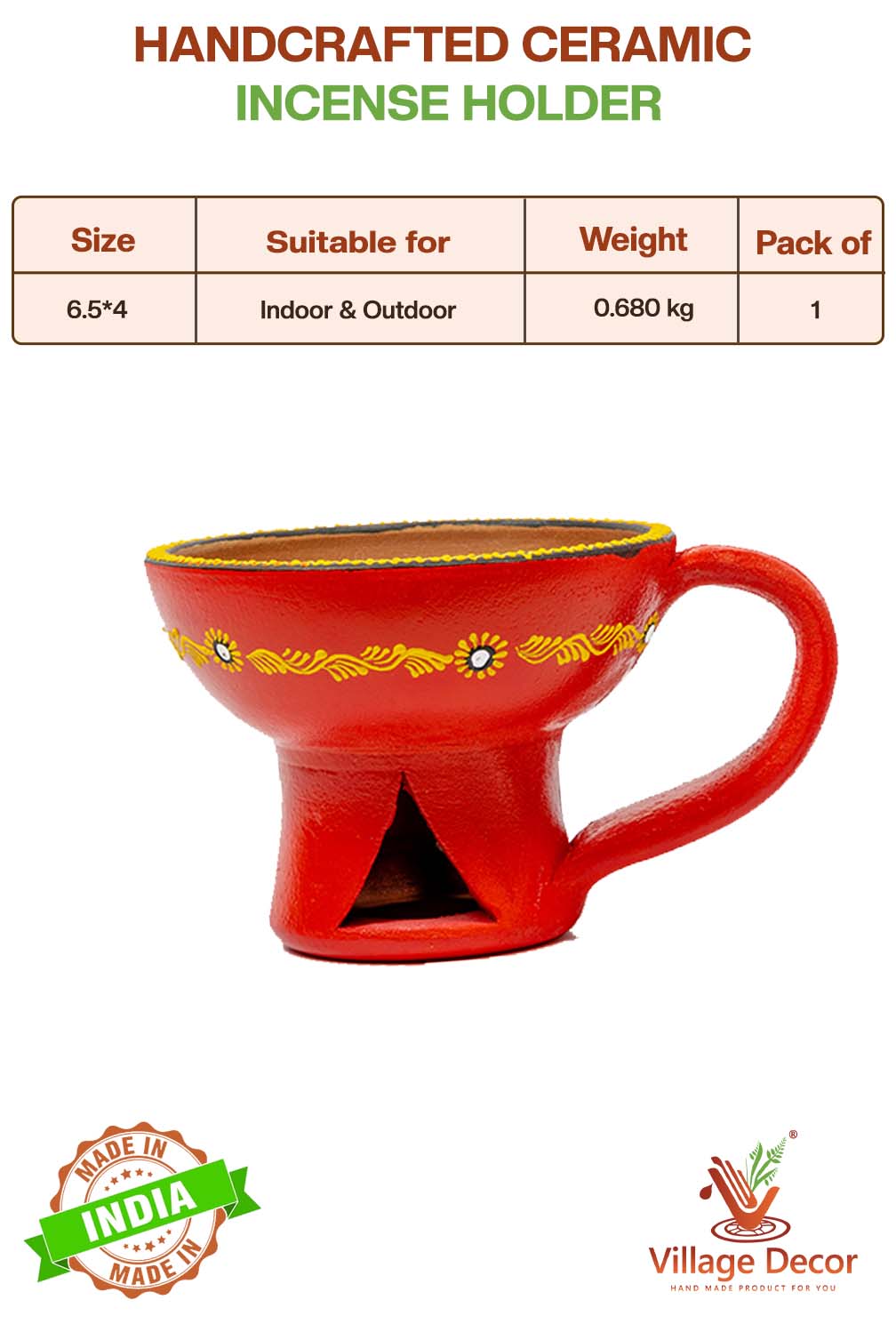 Handcrafted incense holders shown with product details including size, usage type, weight, and pack quantity for general use.