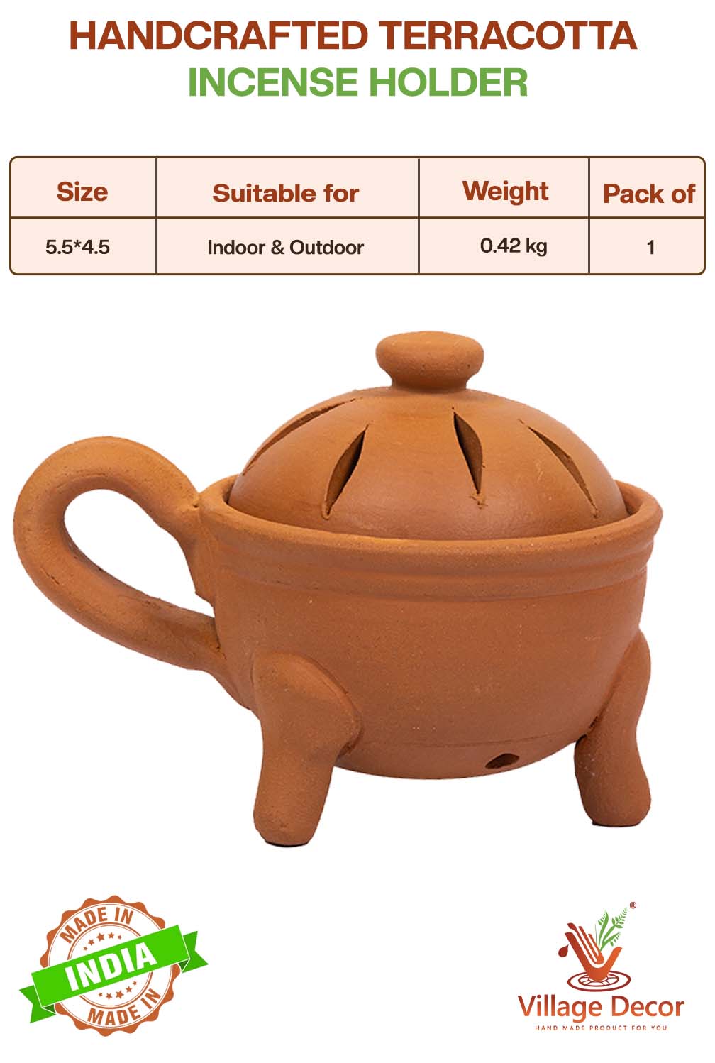 Handcrafted incense holders shown with product details including size, usage type, weight, and pack quantity for general use.