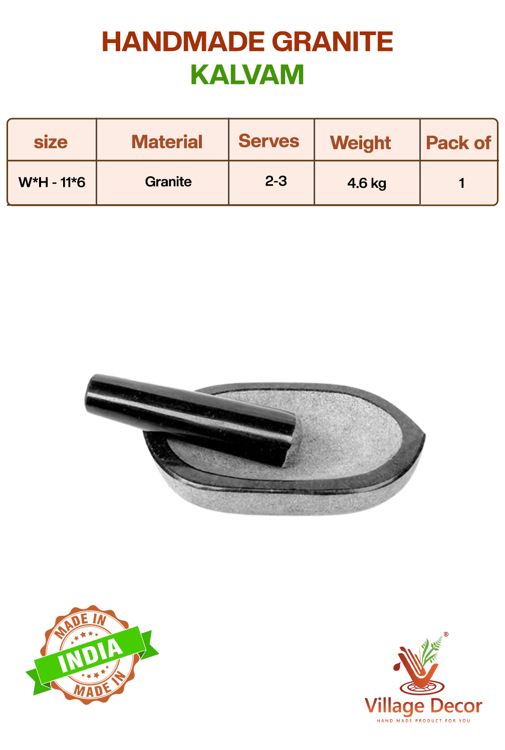Handmade stone Kharal Kalvam with pestle, used for grinding herbs, spices, and ayurvedic medicine naturally.