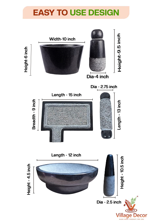 Dimension chart of handmade Silbatta (Ammikal), Rubbu Rolu (Attukal) and Kalvam (Kharal) showing height, width, diameter, and length of each piece with Village Decor branding.
