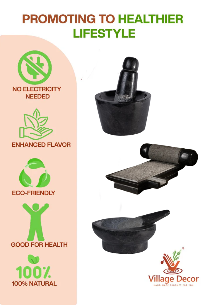 Traditional stone mortar and pestle set by Village Decor, promoting a healthier lifestyle with benefits like no electricity use, enhanced flavor, and 100% natural grinding.