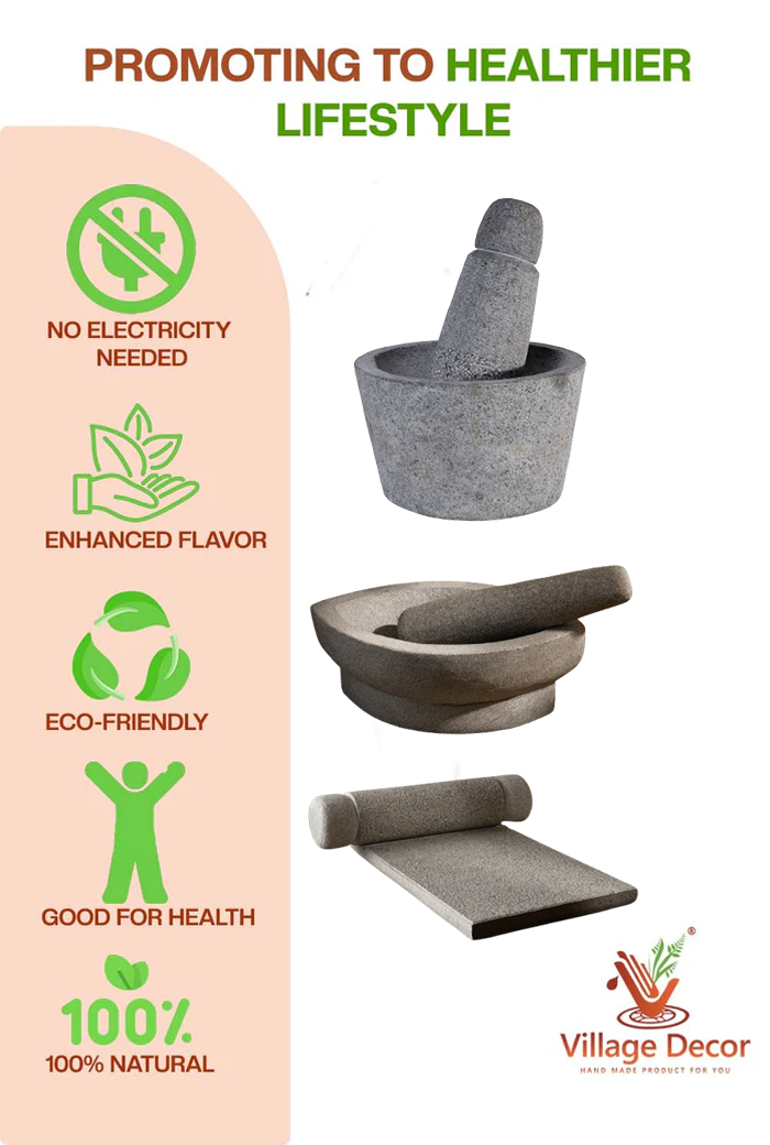 Traditional stone mortar and pestle set by Village Decor, promoting a healthier lifestyle with benefits like no electricity use, enhanced flavor, and 100% natural grinding.