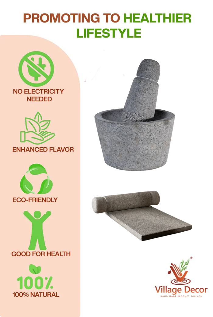 Traditional stone mortar and pestle set by Village Decor, promoting a healthier lifestyle with benefits like no electricity use, enhanced flavor, and 100% natural grinding.