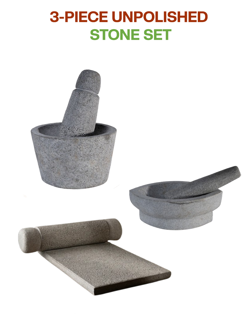 Unpolished stone Silbatta (Ammikal) and Rubbu Rolu (Attukal) and kalvam (kharal) combo displayed on a white background, ideal for traditional grinding in Indian kitchens.