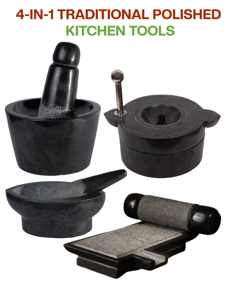 Polished stone Silbatta (Ammikal) and Rubbu Rolu (Attukal),Stoone Mill(Attachakki) and kalvam (kharal) combo displayed on a white background, ideal for traditional grinding in Indian kitchens.