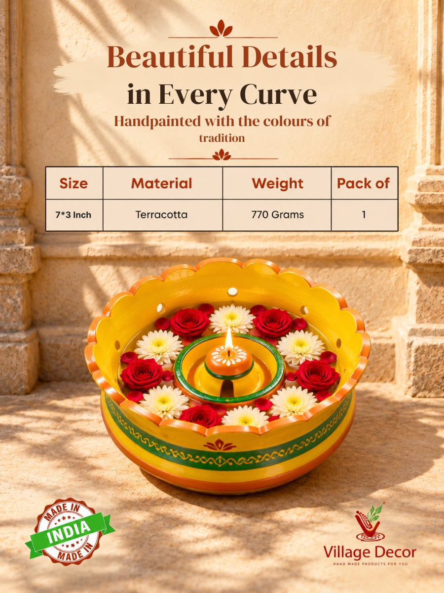 Temple Yellow Terracotta Vallalar Diya - Dia 7 inch | Handpainted Terracotta Decor - Inspired by temples Made for your home