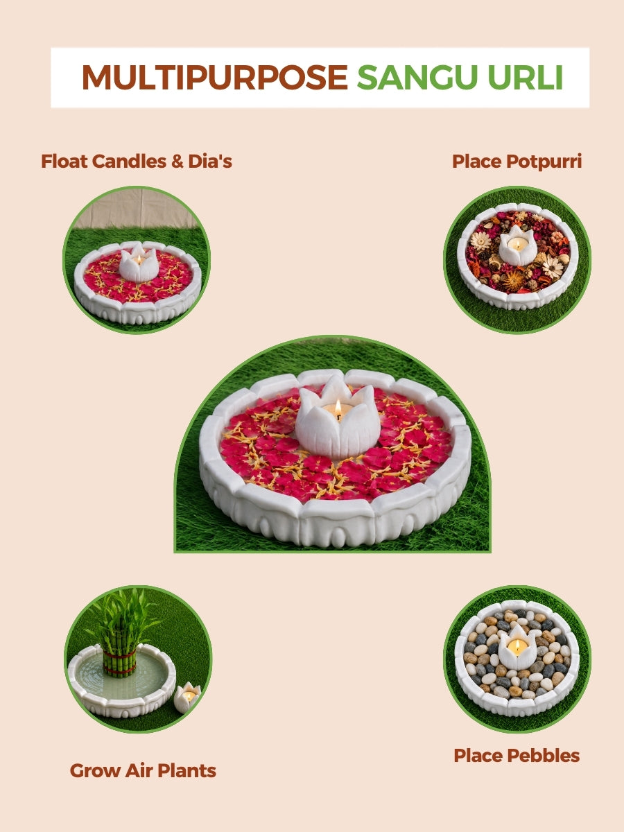 Handcrafted lotus marble urli with tea light holder designed for multiple uses, including floating candles, diyas, potpourri, decorative pebbles, and small indoor plants.