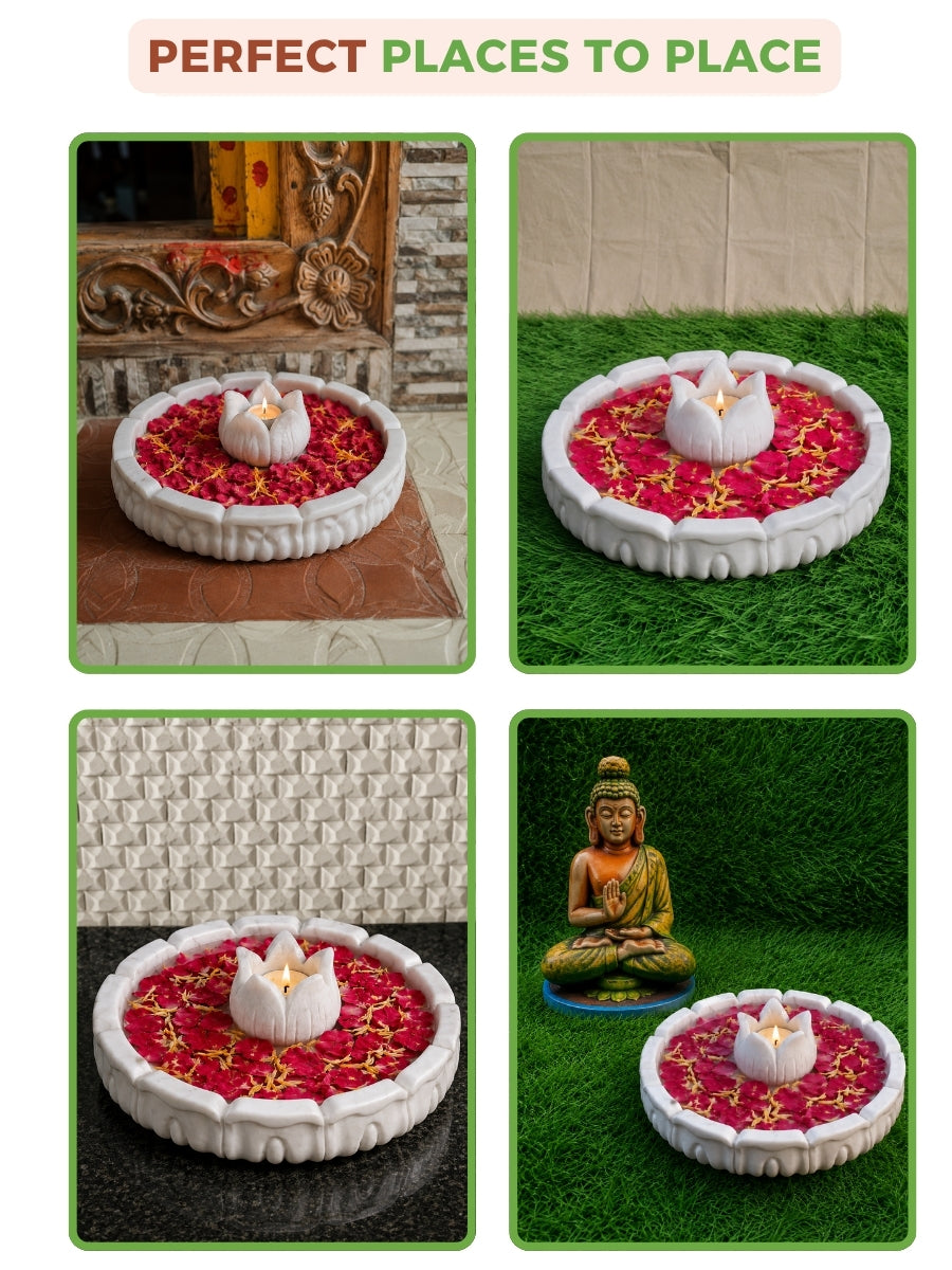 Handcrafted lotus marble urli with tea light holder showcased in multiple décor settings, including entrances, gardens, pooja rooms, and tabletops for elegant traditional styling.