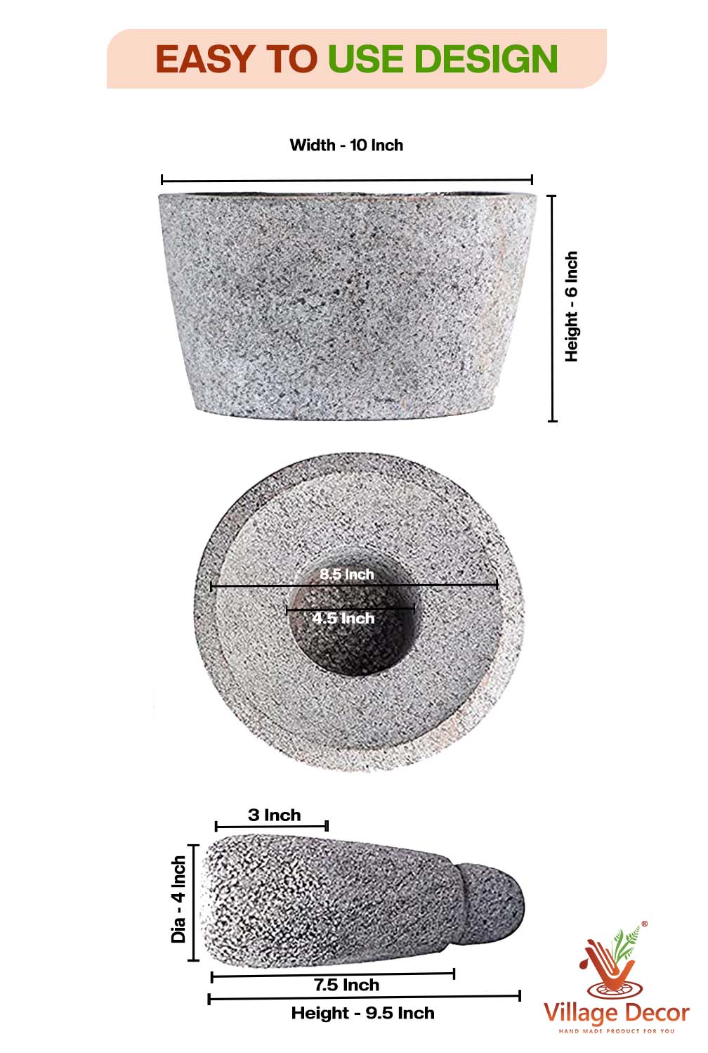 Detailed dimensions of Attukal showing pestle and mortar measurements.