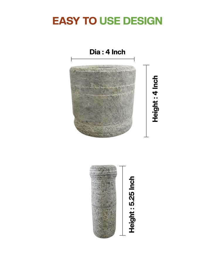 Unpolished mortar and pestle with height and diameter measurements shown on white background