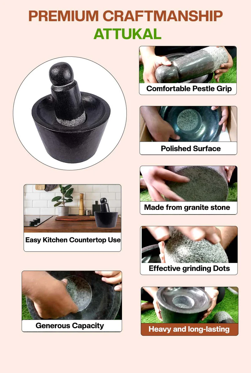 Attukal stone grinder showing premium craftsmanship – easy-to-hold pestle, polished surface,effective grinding dots, countertop fit.