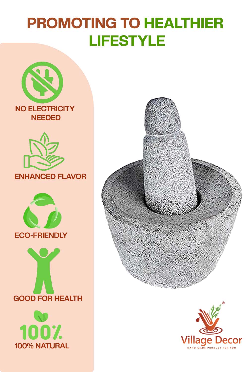 Mortar and Pestle promotes healthier lifestyle – no electricity needed, enhances flavor, eco-friendly, natural and good for health.