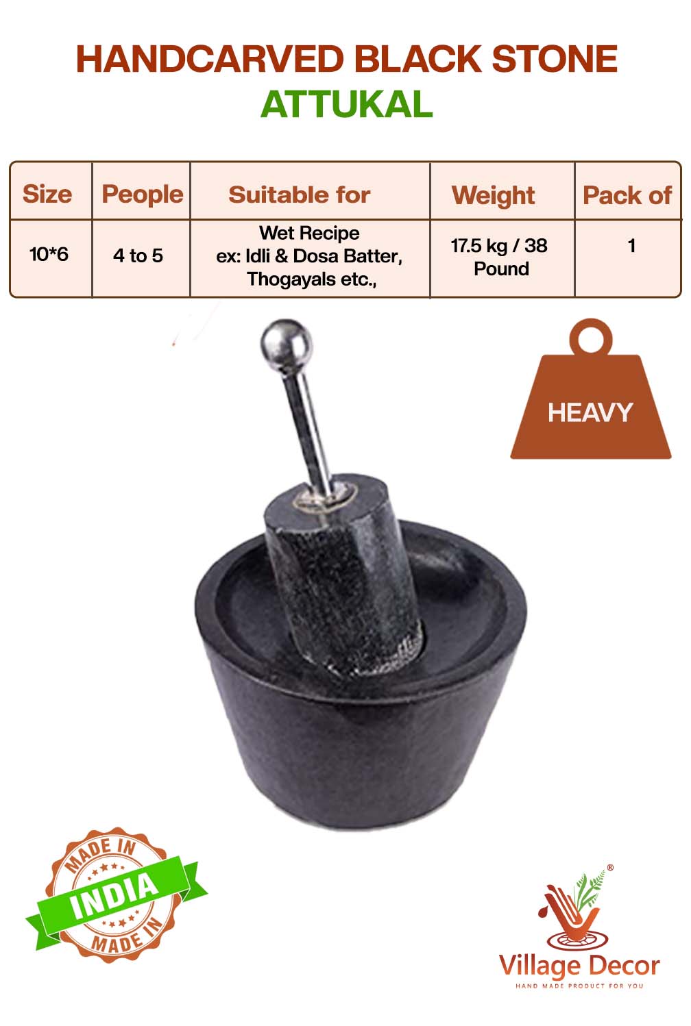 Handcarved Polished Attukal or Rubbu rolu with size, weight, and usage details – suitable for Grinding idli, vada batter etc.,