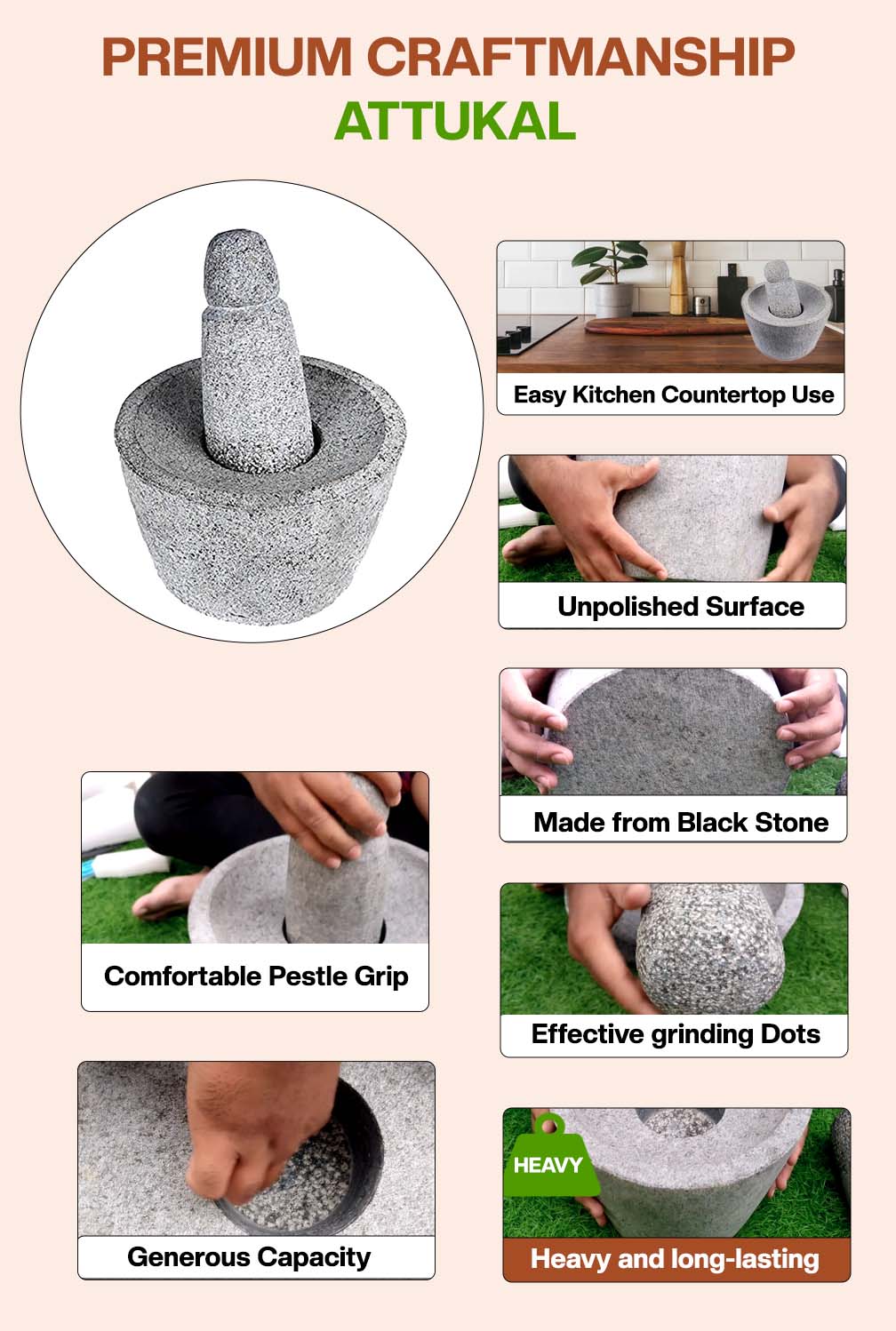 Attukal stone grinder showing premium craftsmanship – easy-to-hold pestle, polished surface,effective grinding dots, countertop fit.