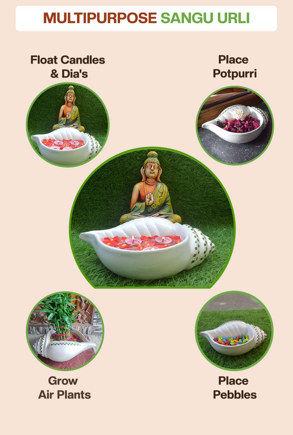 Multipurpose terracotta Sangu urli used for floating candles, potpourri, air plants, pebbles, and flower decoration, ideal for home decor and festive displays.