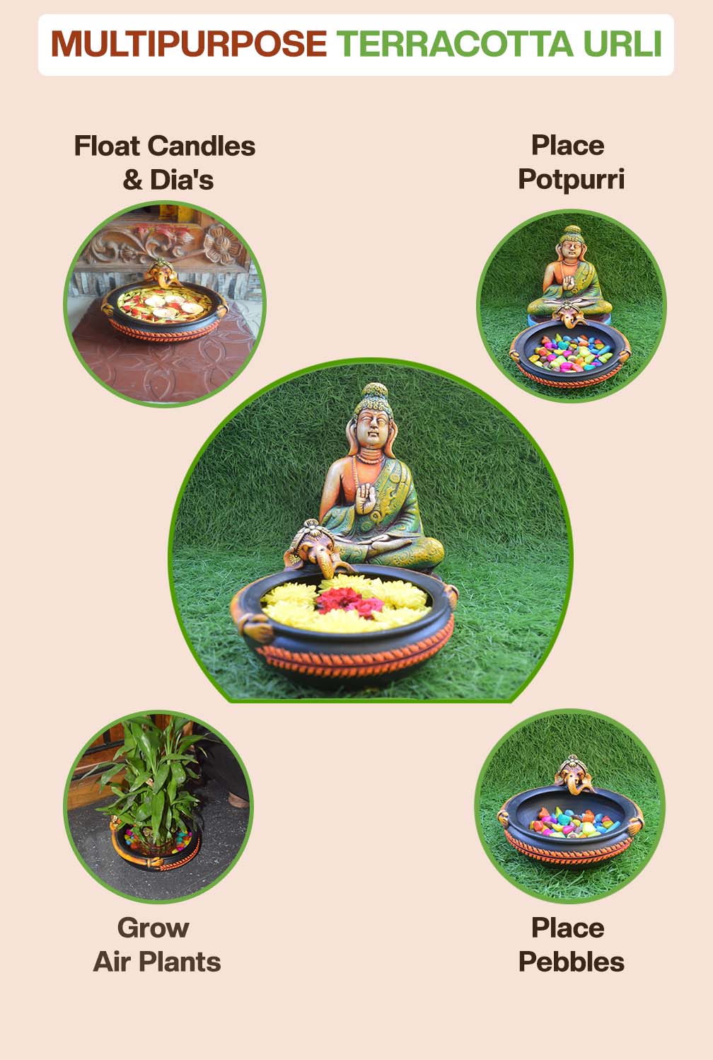 Multipurpose terracotta Ganesha urli used for floating candles, potpourri, air plants, pebbles, and flower decoration, ideal for home decor and festive displays.