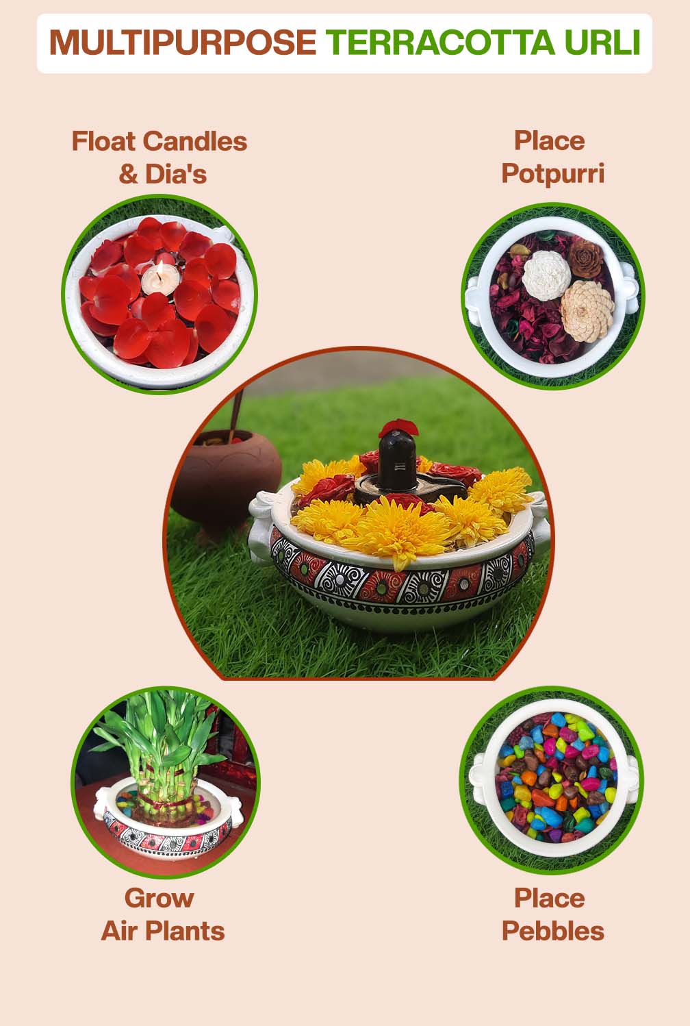 Multipurpose terracotta urli used for floating candles, potpourri, air plants, pebbles, and flower decoration, ideal for home decor and festive displays.