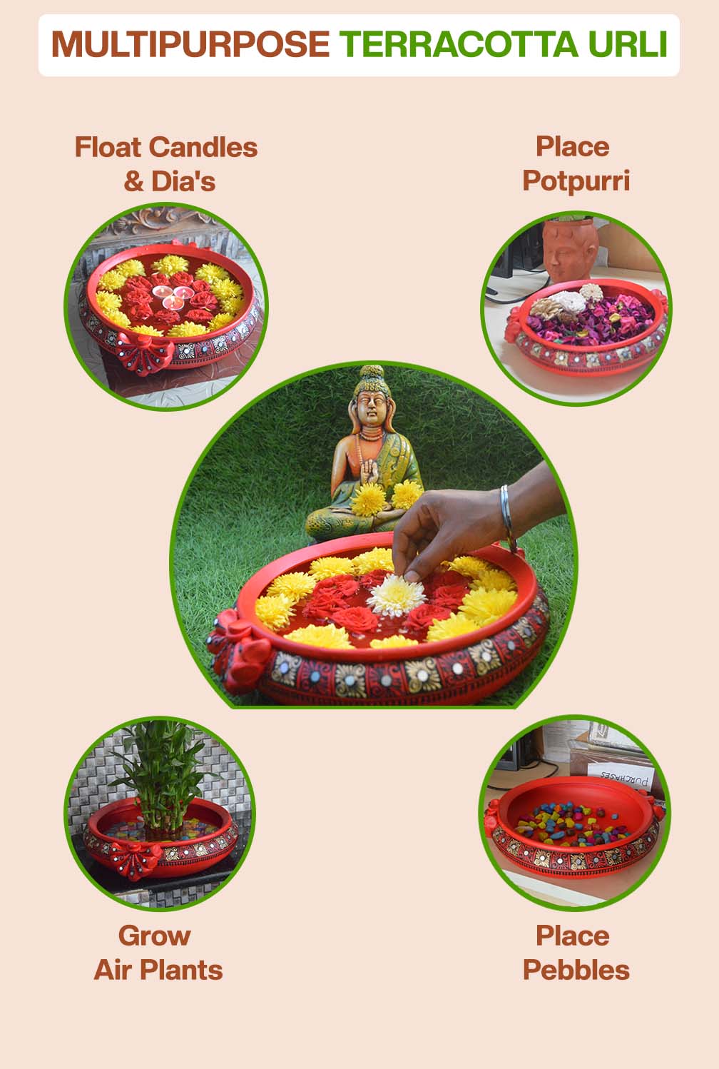 Multipurpose terracotta urli used for floating candles, potpourri, air plants, pebbles, and flower decoration, ideal for home decor and festive displays.