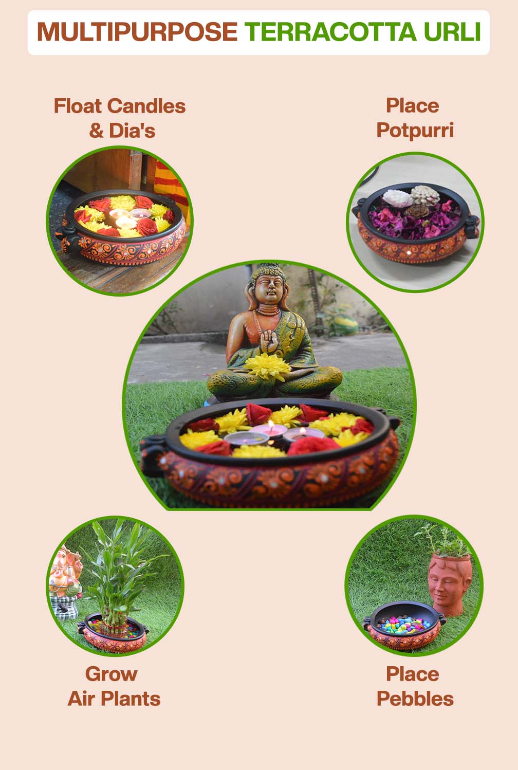 Multipurpose terracotta urli used for floating candles, potpourri, air plants, pebbles, and flower decoration, ideal for home decor and festive displays.