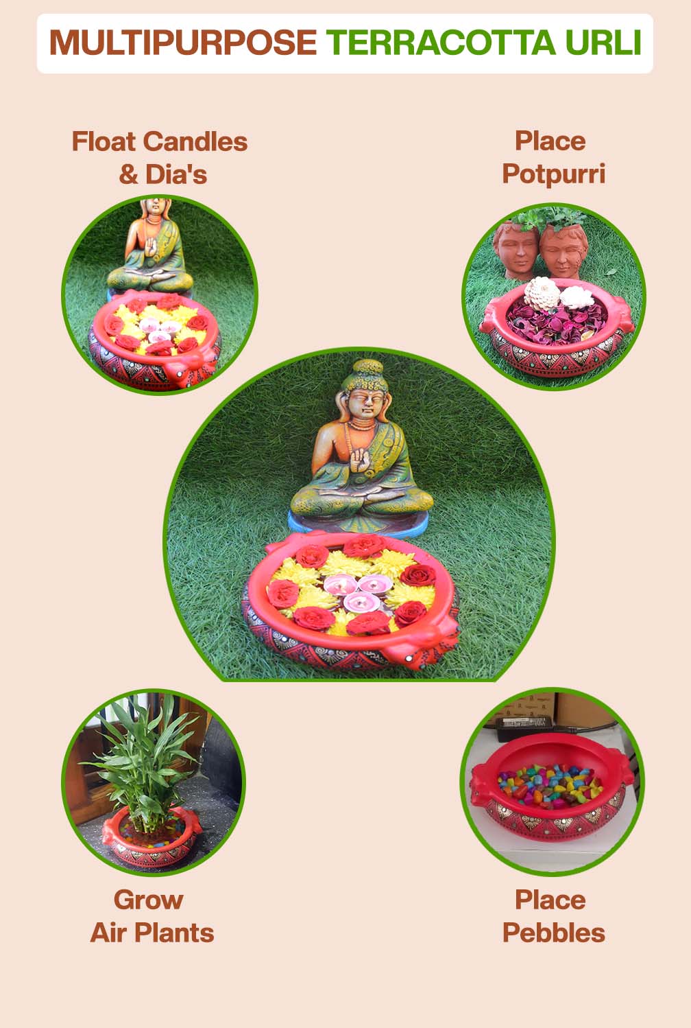 Multipurpose terracotta urli used for floating candles, potpourri, air plants, pebbles, and flower decoration, ideal for home decor and festive displays.