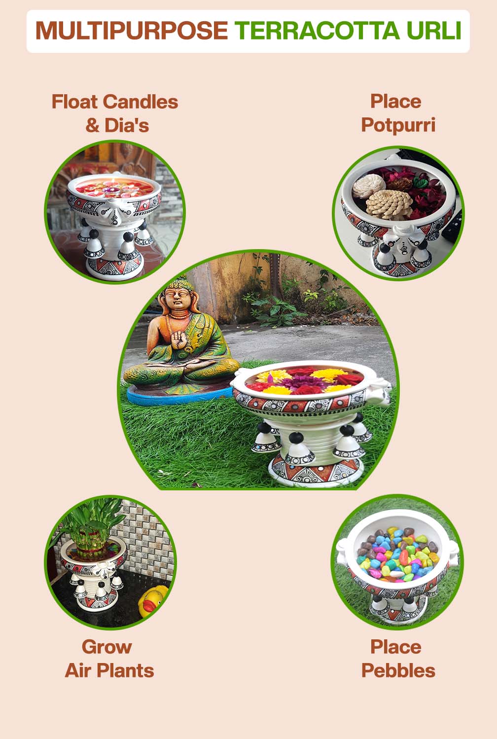 Multipurpose terracotta urli used for floating candles, potpourri, air plants, pebbles, and flower decoration, ideal for home decor and festive displays.