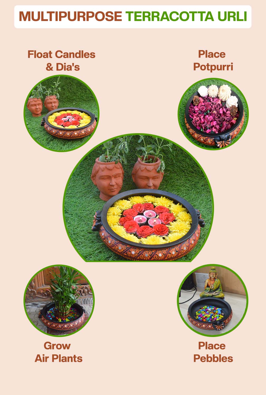 Multipurpose terracotta urli used for floating candles, potpourri, air plants, pebbles, and flower decoration, ideal for home decor and festive displays.