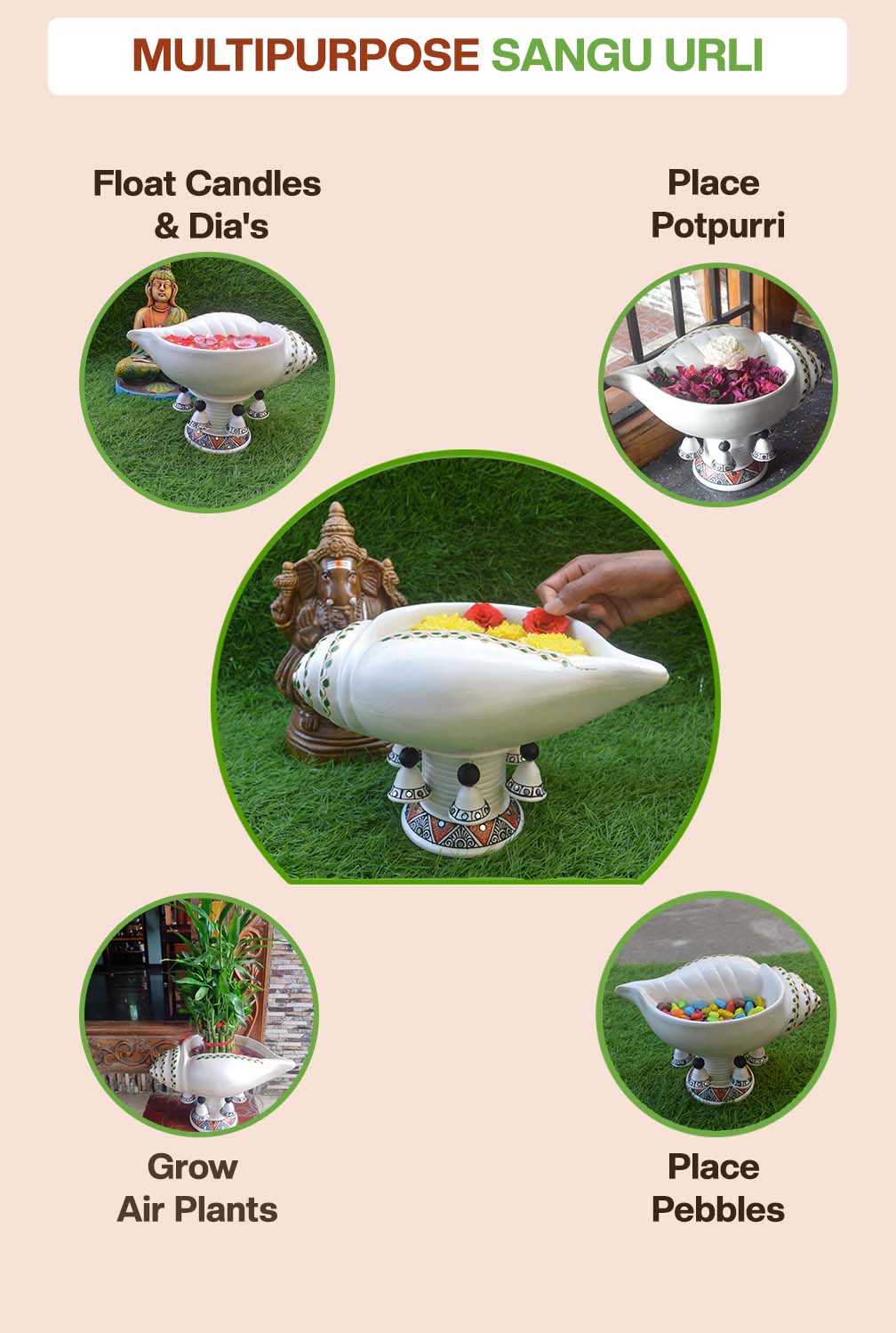 Multipurpose terracotta urli used for floating candles, potpourri, air plants, pebbles, and flower decoration, ideal for home decor and festive displays.