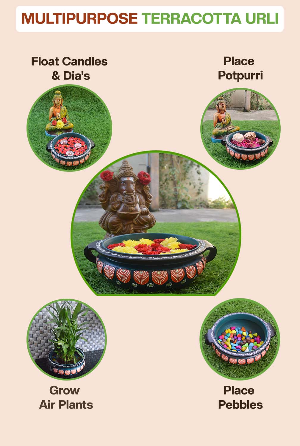 Multipurpose terracotta urli used for floating candles, potpourri, air plants, pebbles, and flower decoration, ideal for home decor and festive displays.