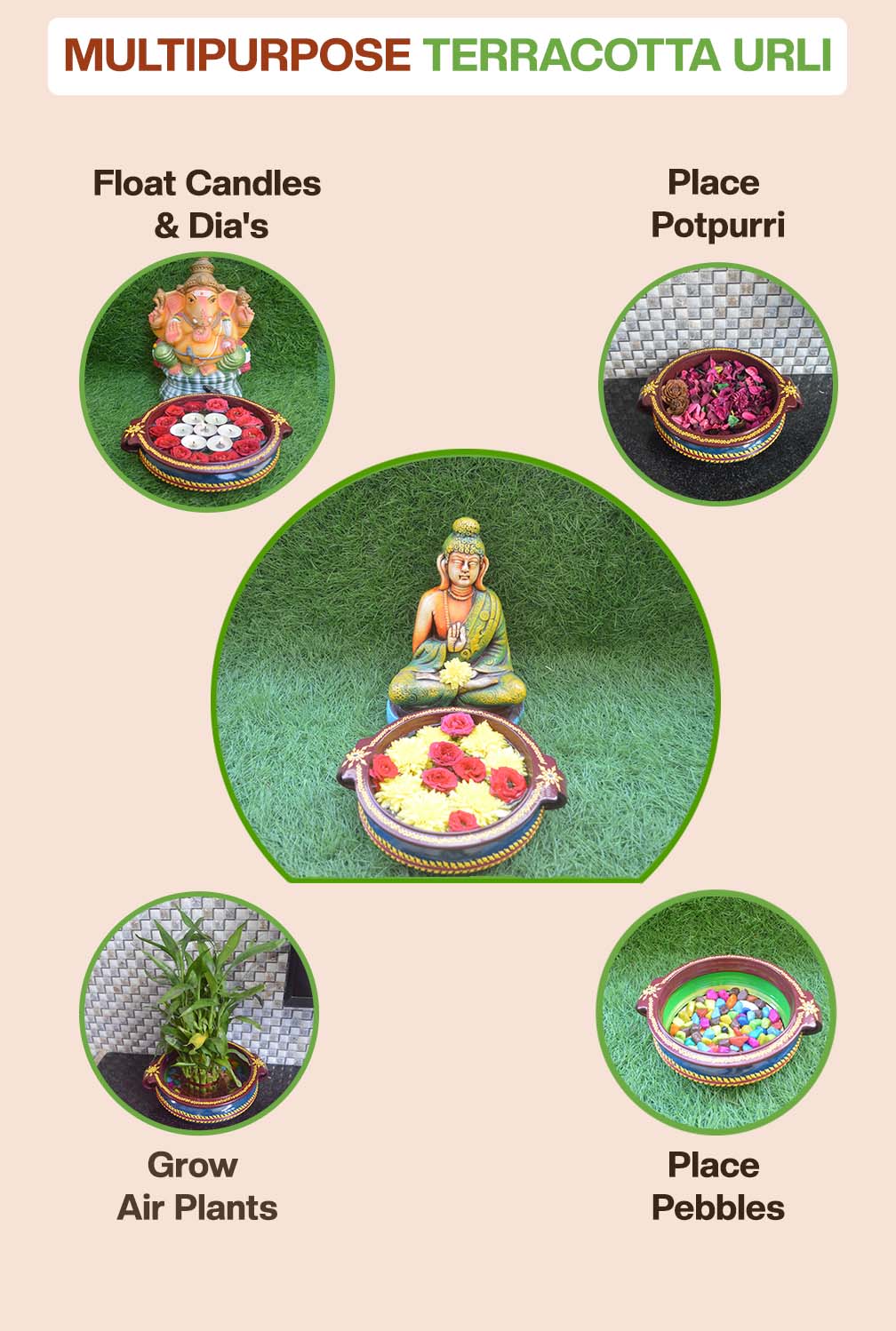 Multipurpose terracotta urli used for floating candles, potpourri, air plants, pebbles, and flower decoration, ideal for home decor and festive displays.