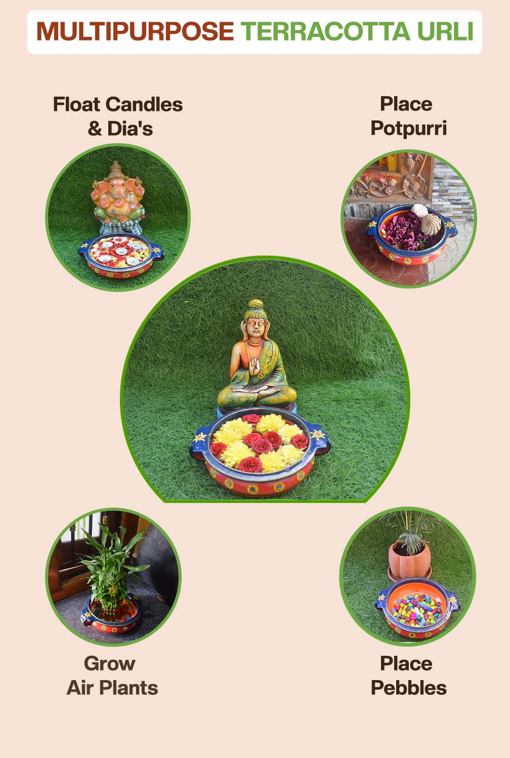 Multipurpose terracotta urli used for floating candles, potpourri, air plants, pebbles, and flower decoration, ideal for home decor and festive displays.