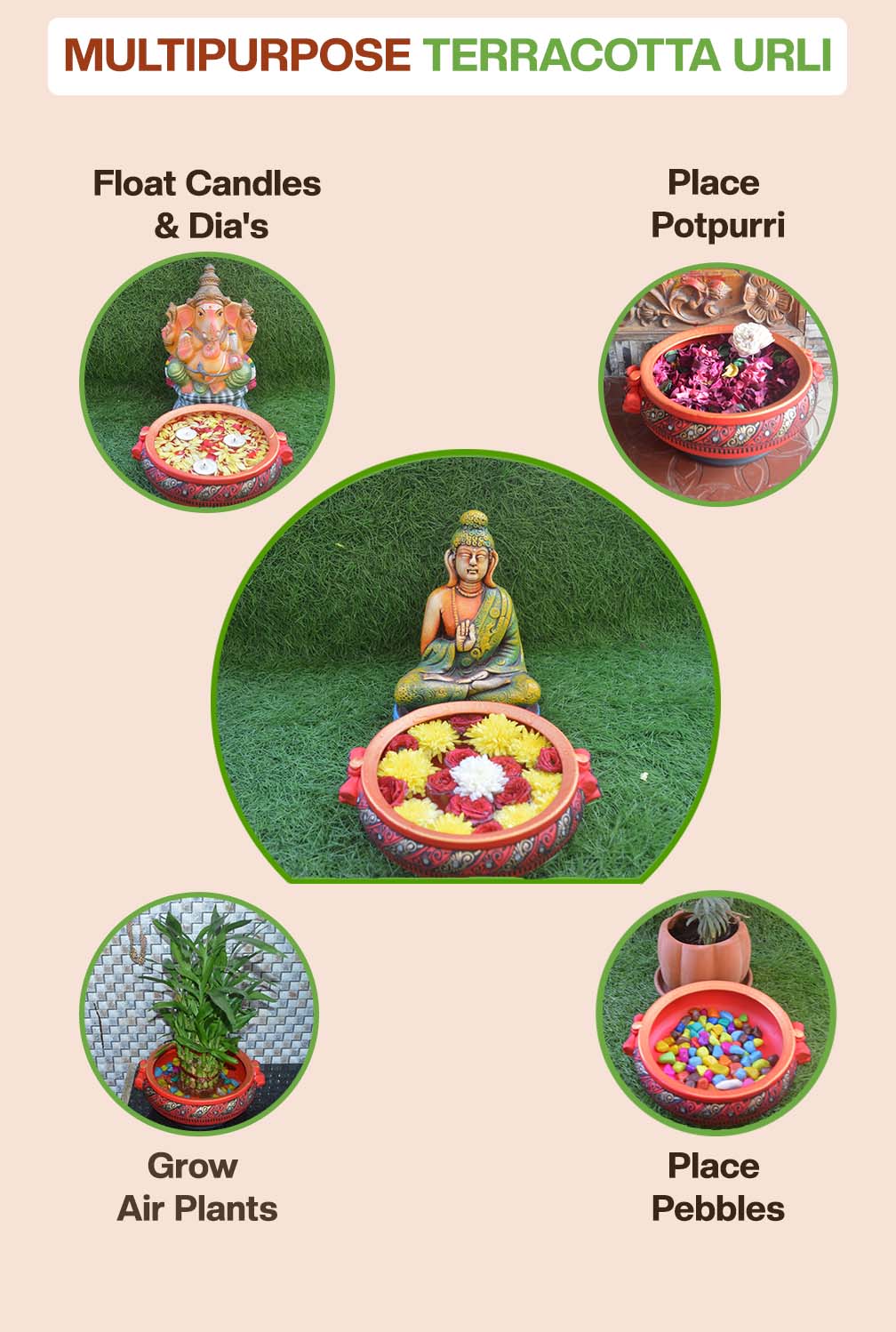 Multipurpose terracotta urli used for floating candles, potpourri, air plants, pebbles, and flower decoration, ideal for home decor and festive displays.