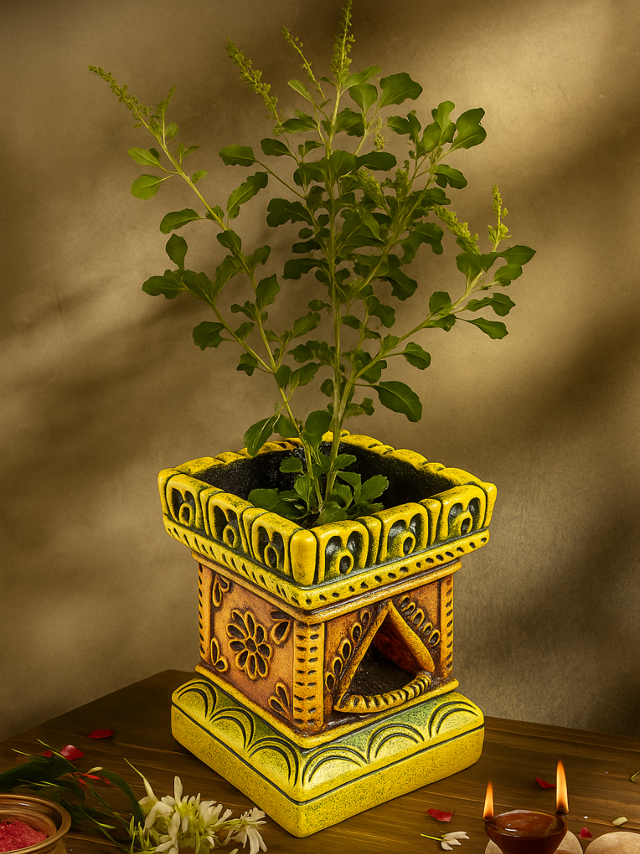 Terracotta Gardening Brindavan Tulsi Pot with Drainage Hole at Bottom | Tulsi Vrindavan for Balcony, Porch, Garden, Roof Planter (B * H - 6.5 * 8 Inch)