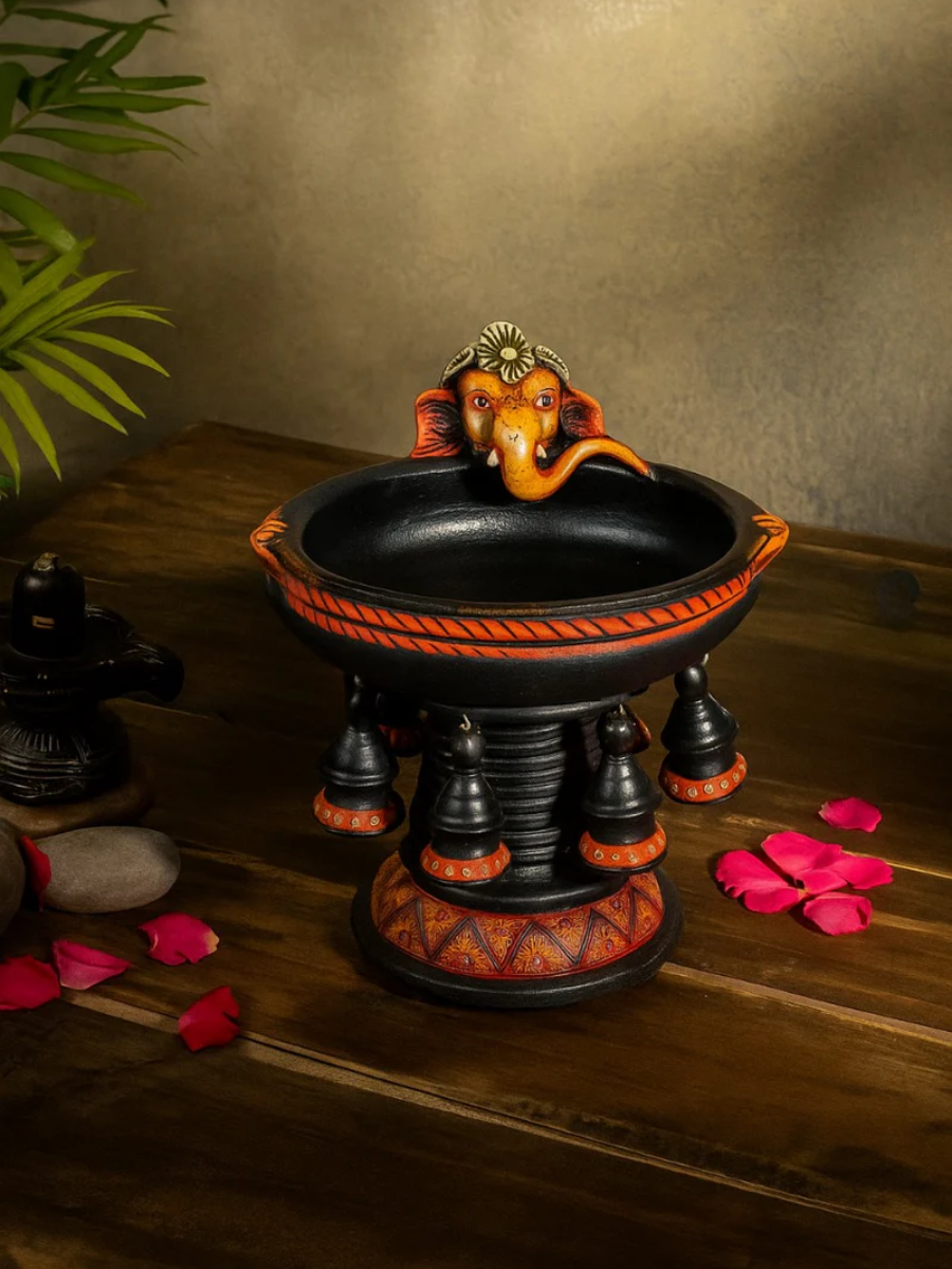 Handmade Terracotta Black Ganesha Decorative Urli Flower Pot with Stand