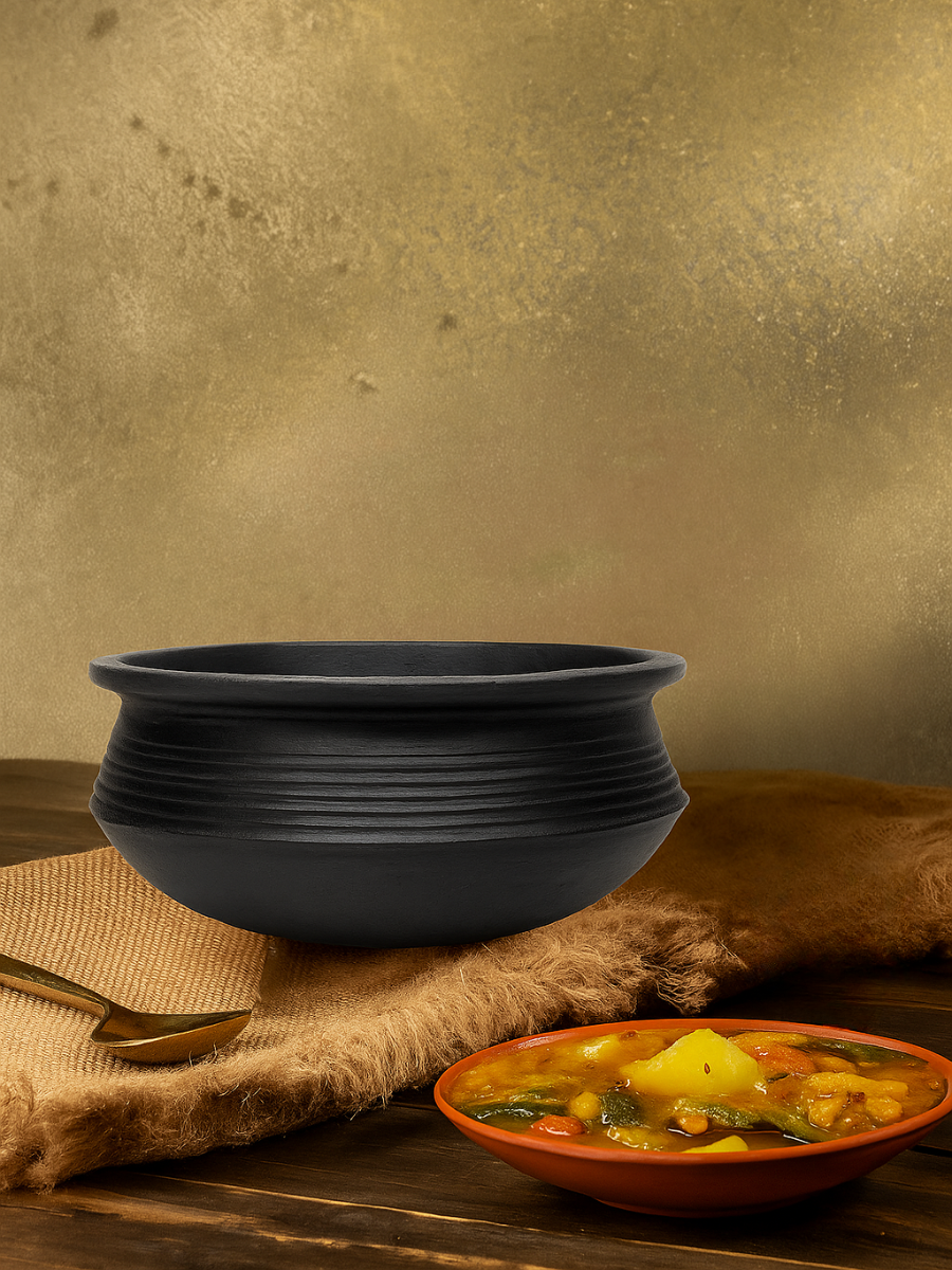 Earthen Black Clay Cooking Pot | Handmade Mitti Ke Bartan Cook Sambar, Curries, and Gravies - 2 / 3 / 4 Liters