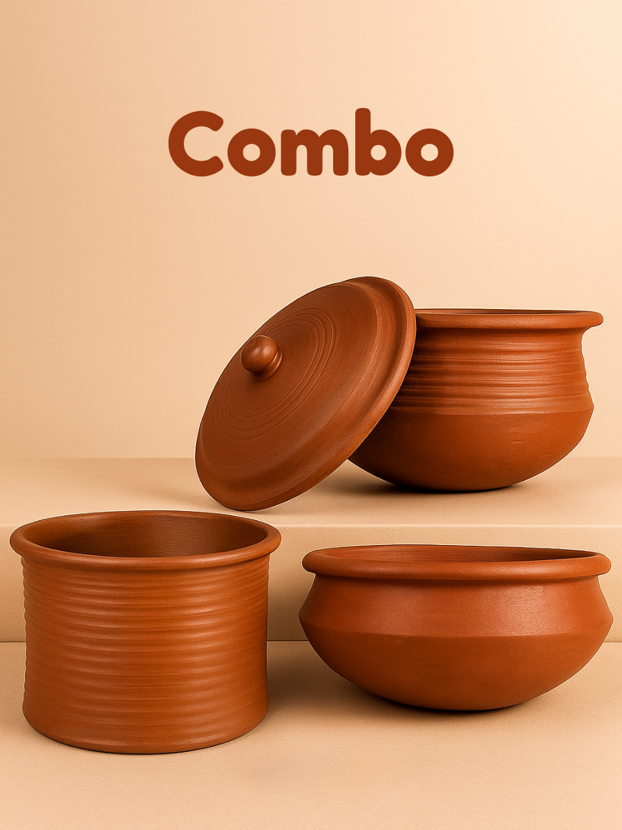 Family Feast Combo - Cooking Pot with lid 3.5L, Cooking Pot without lid 3.5L, Briyani Pot 5L | Handmade and Gas Stove Safe
