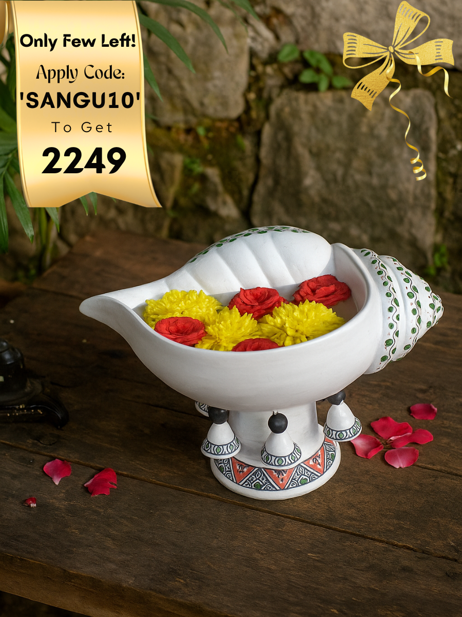 Terracotta Decorative Flower design Sangu urli with Stand | Showpiece Vastu Benefit - (Breadth-13 Inch)