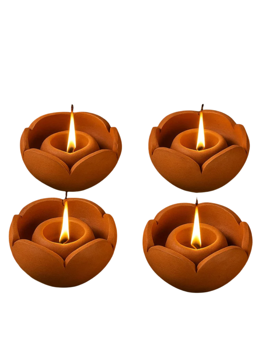 Terracotta Lotus Shape Diya | Handmade Traditional Lamp for Festival and Puja - 4 Qty