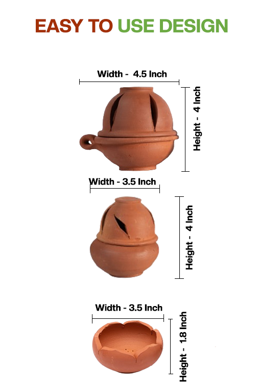 Dimension view of clay pooja essentials set with measurements of incense holder, lotus, and agarbatti stand