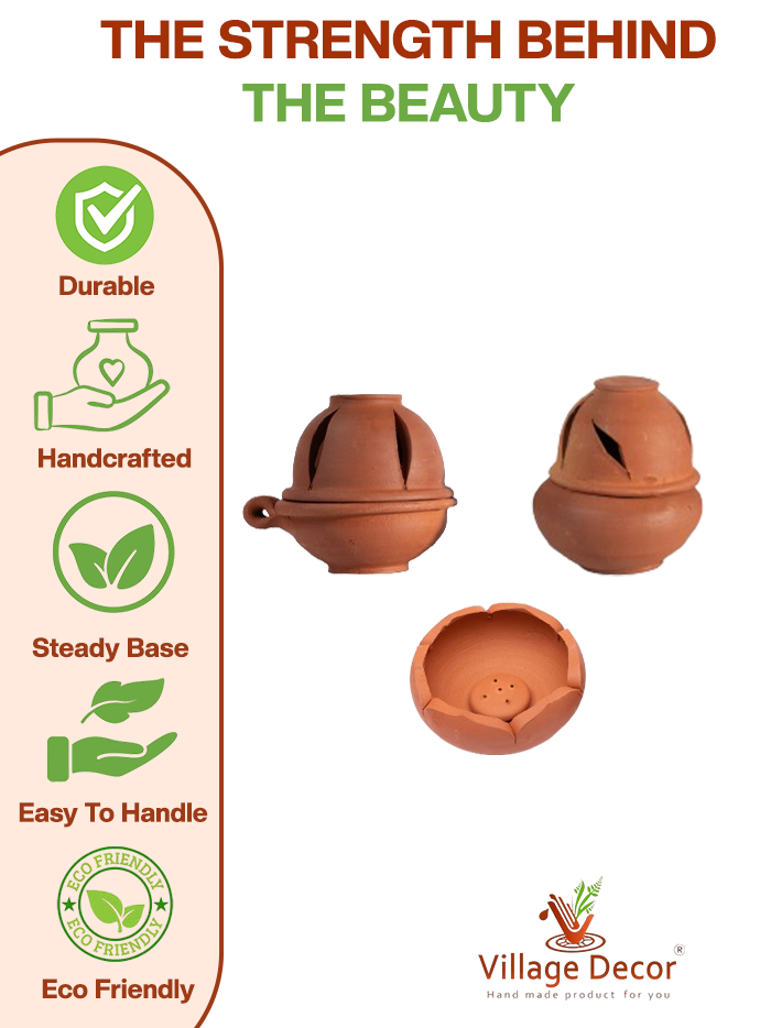 Handmade terracotta pooja set features infographic showing durability, stability, and artisan craftsmanship