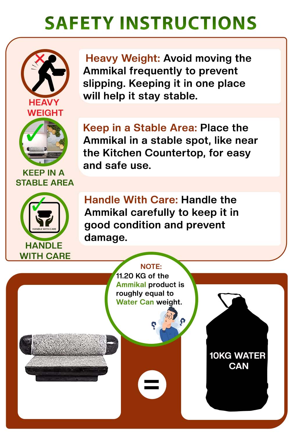 Safety instructions for handling Silbatta ā heavy weight, Maintenance and care tips.