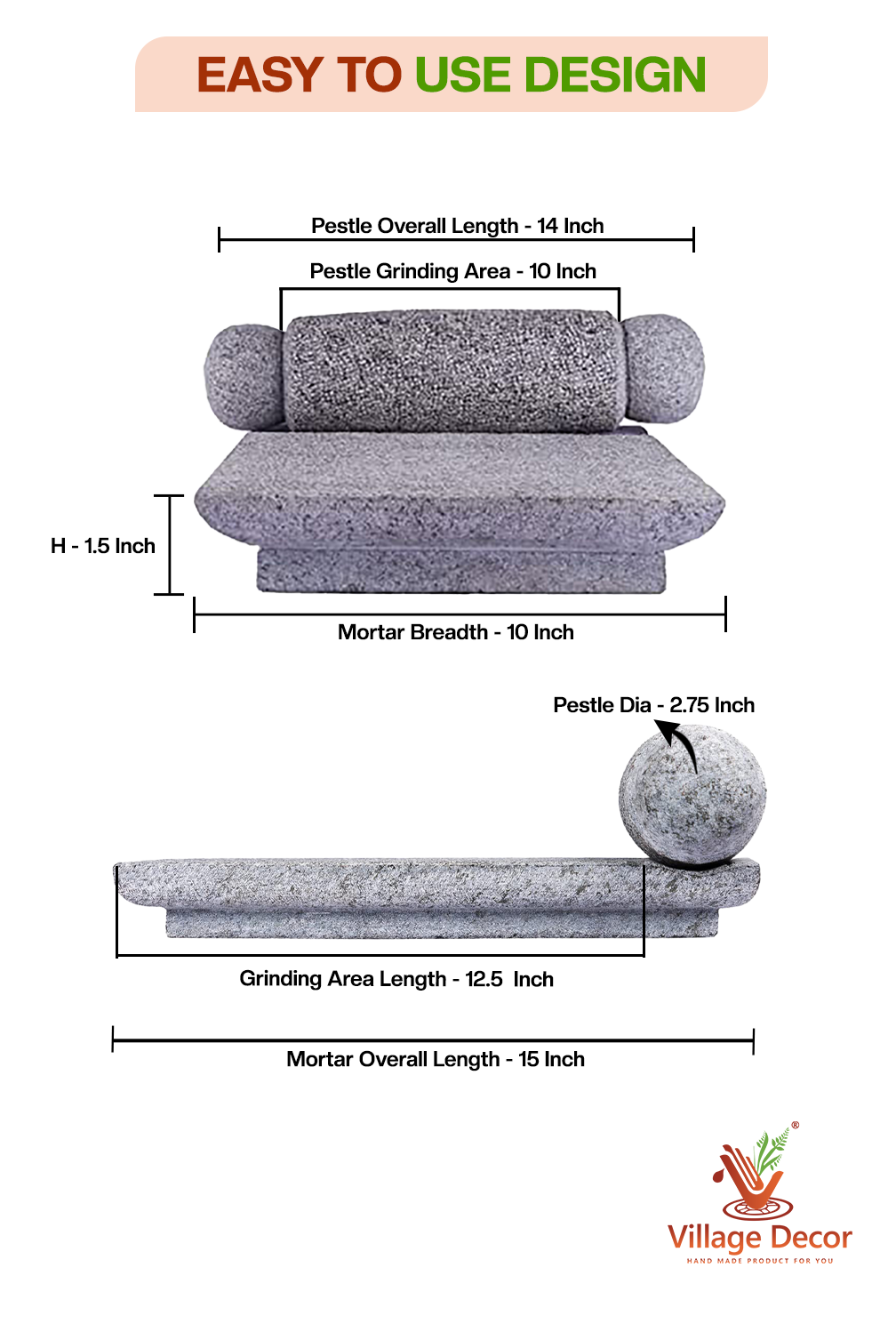 Detailed dimensions of Silbatta stone grinder showing pestle and mortar measurements.
