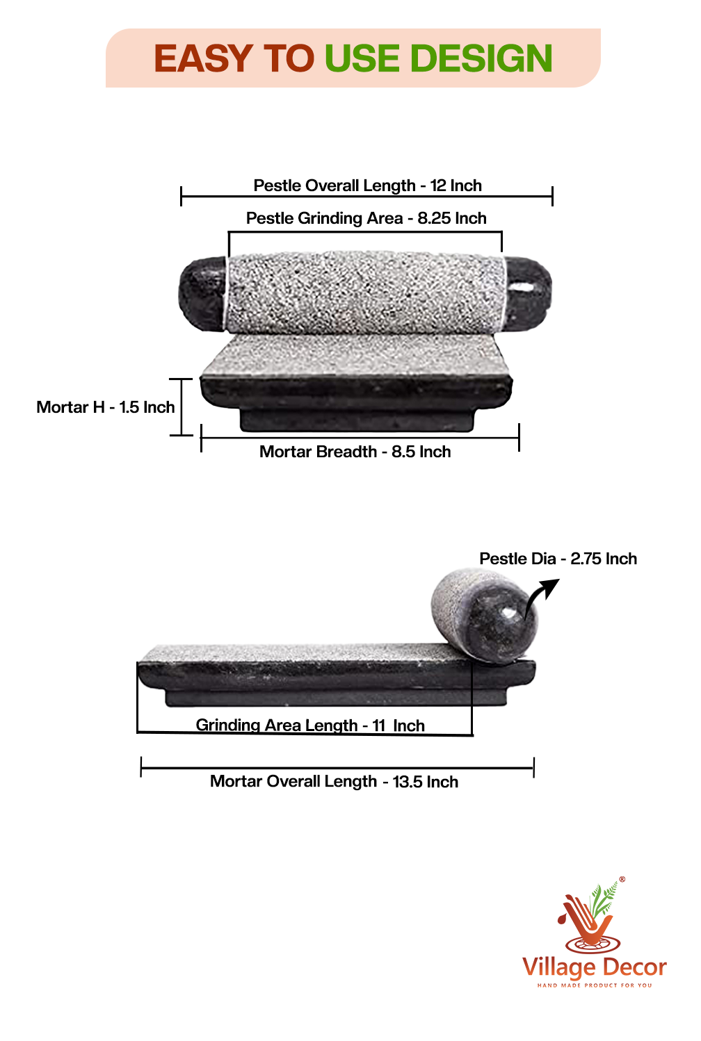 Detailed dimensions of Silbatta stone grinder showing pestle and mortar measurements.
