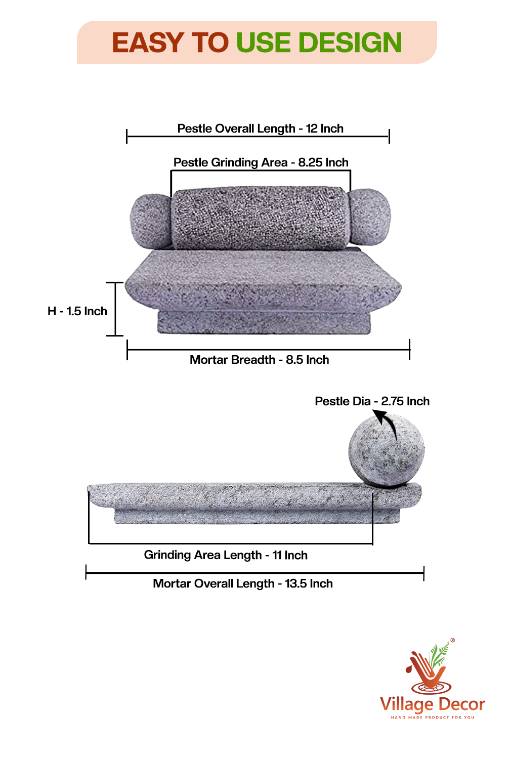 Detailed dimensions of Silbatta stone grinder showing pestle and mortar measurements.