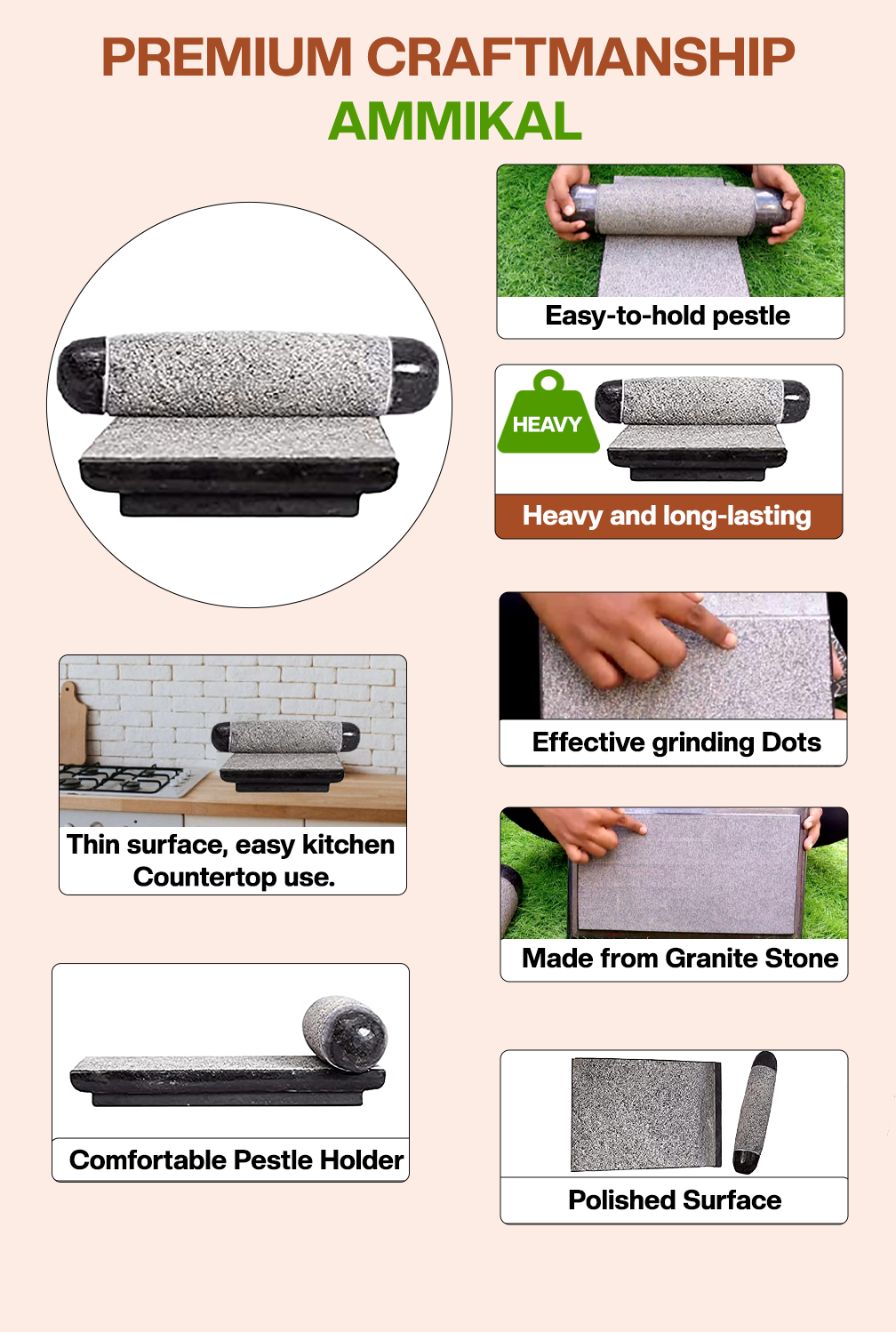 Silbatta stone grinder showing premium craftsmanship ā easy-to-hold pestle, drainage, polished surface, spillage control, countertop fit.