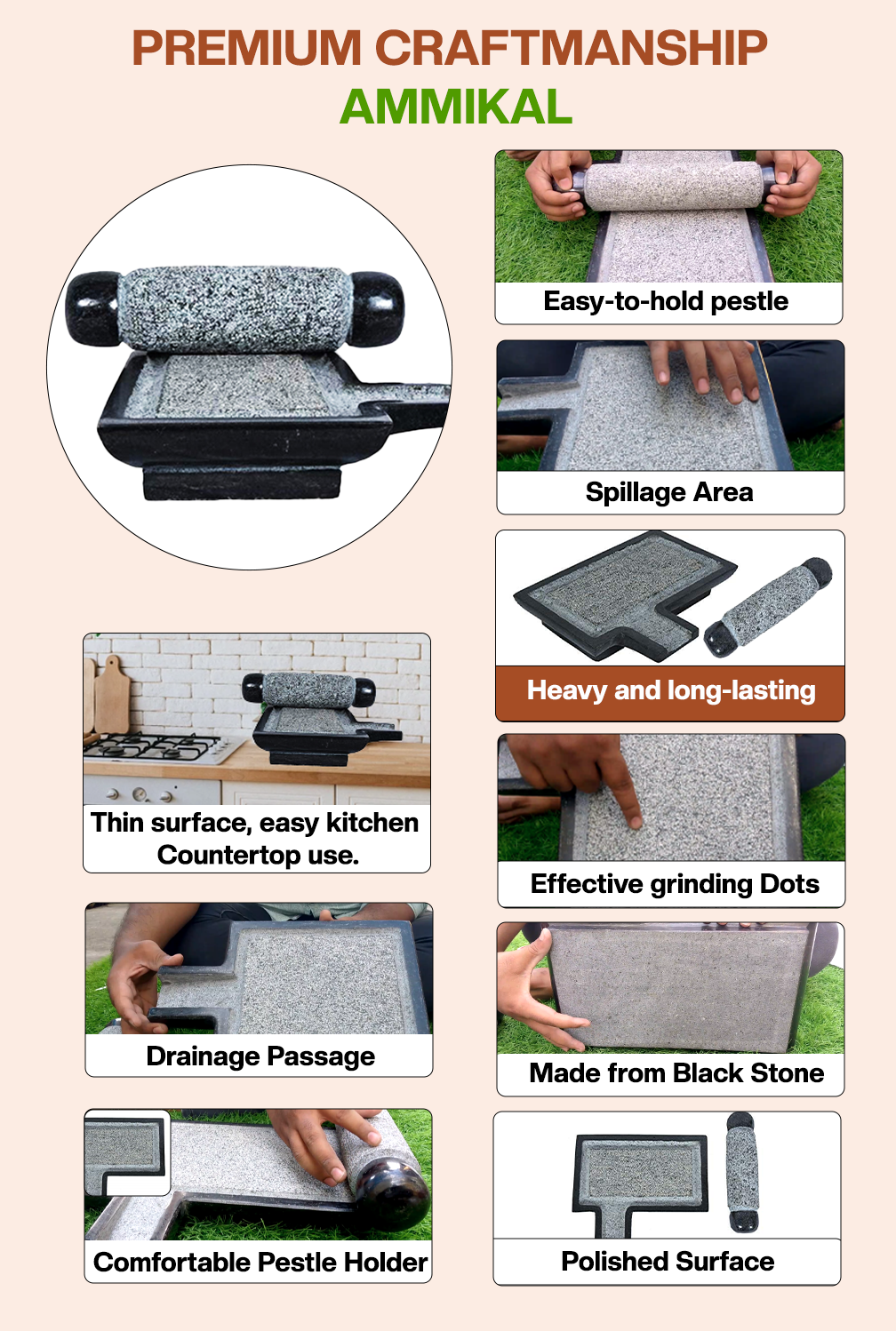 Silbatta stone grinder showing premium craftsmanship – easy-to-hold pestle, drainage, polished surface, spillage control, countertop fit.