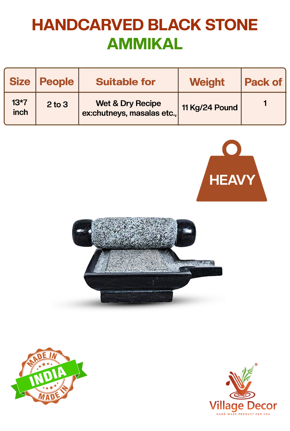 Handcarved black stone Ammikal or Silbatta with size, weight, and usage details – suitable for chutneys and masalas.